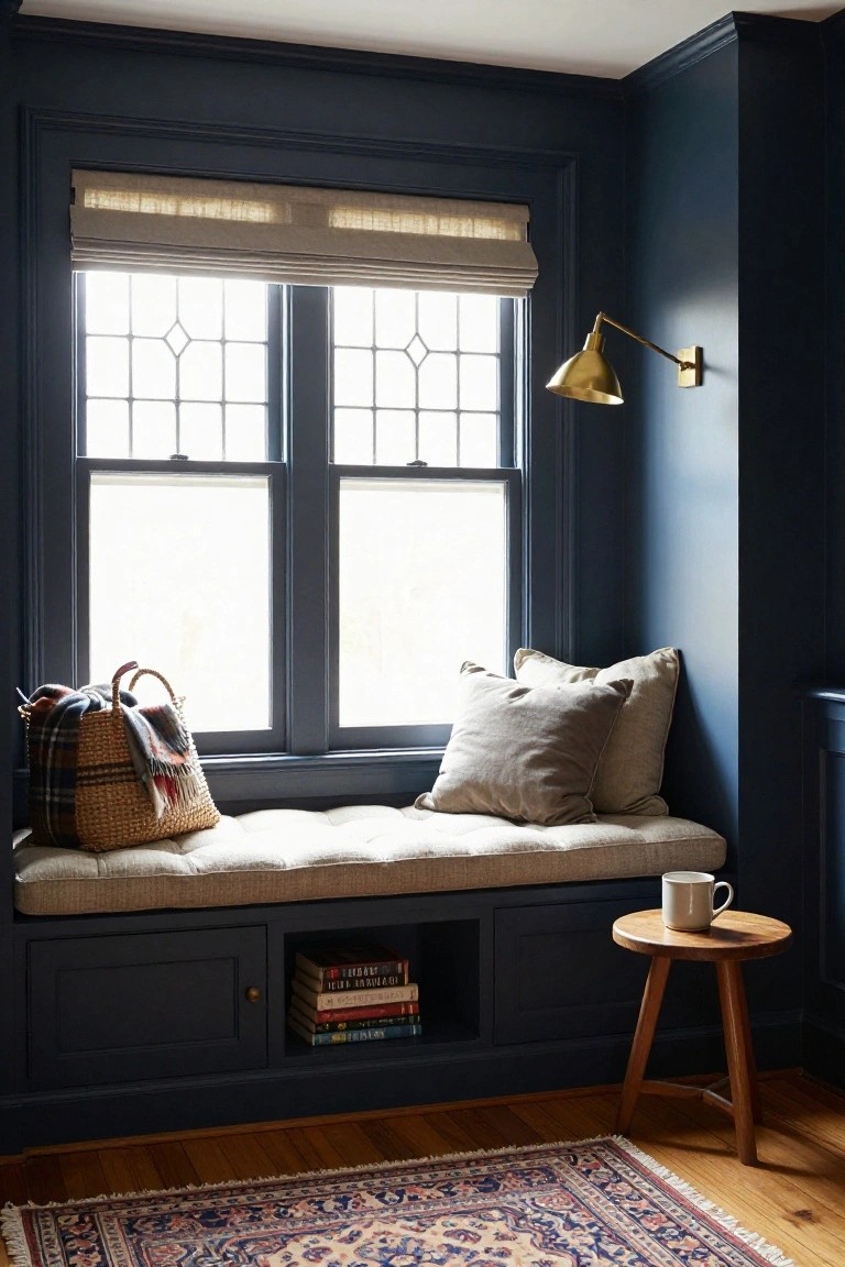 Navy blue corner room featuring a built-in cushioned window bench with storage cubby holding stacked books, two linen pillows on the seat, a wicker basket with blankets beside it, a small wooden tripod table with a white mug, leaded glass double-hung windows with roman shades, brass wall sconce, and a patterned Persian rug on hardwood floor.