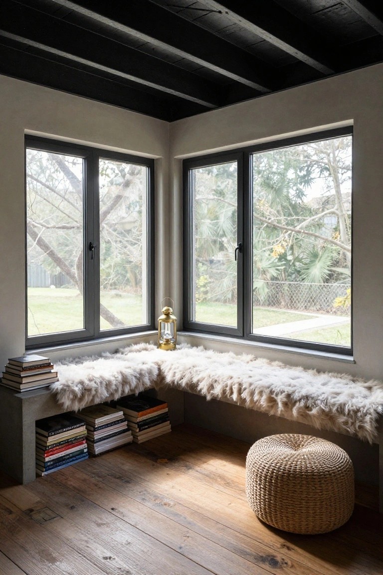 Corner interior with two large black-framed windows overlooking a garden, built-in bench topped with white sheepskin and stacked books, gold lantern, woven pouf, and wooden floors.