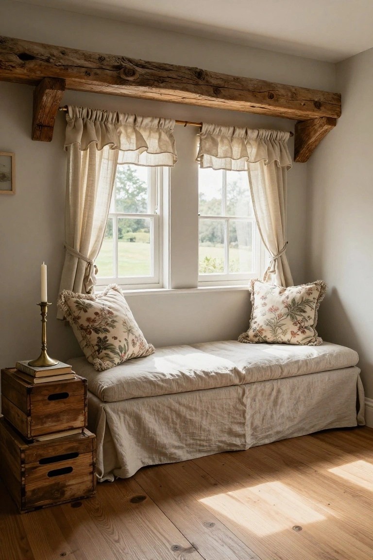 Interior view of a window reading nook featuring a cushioned bench with beige linen skirt and cover, two large floral pillows, wooden crates as side table with stacked books, brass candlestick, sheer linen curtains on double-pane windows overlooking green fields, exposed wooden beams, and oak wood flooring.