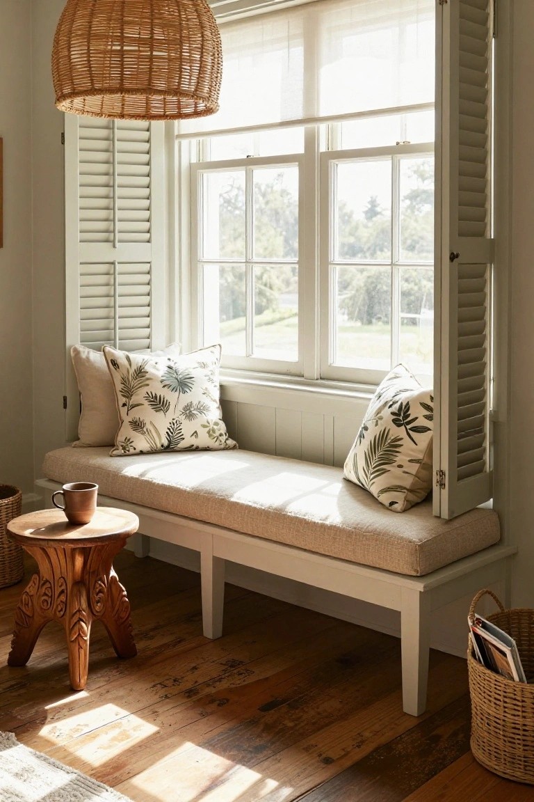 Interior window nook with white paneled bench seat, beige cushions with leaf prints, wooden stool table holding a mug, rattan pendant lamp overhead, open shutters showing trees and grass outside, on wood plank floor.