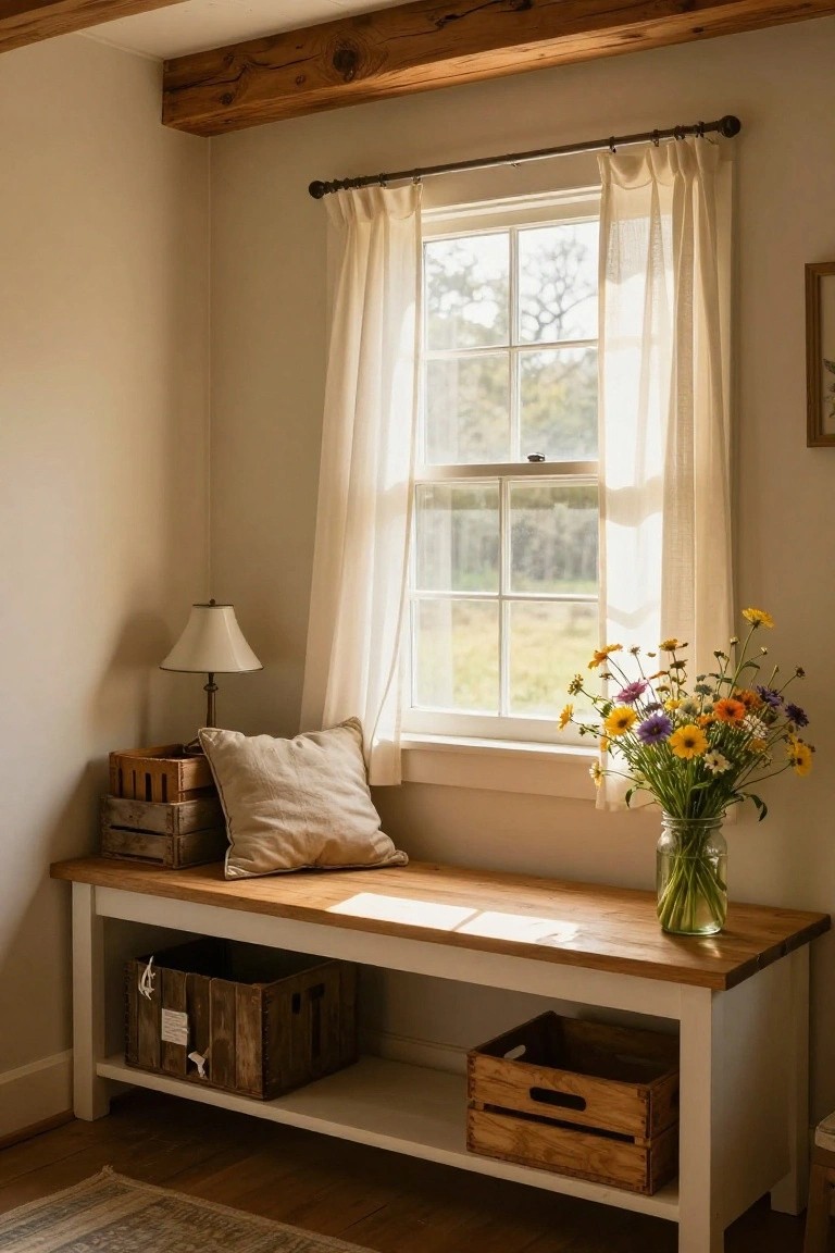 Wooden bench seat under a window with sheer curtains, beige pillow and table lamp on top, vase of wildflowers nearby, stacked wooden crates for storage below, in a beige-walled room with wooden beams.