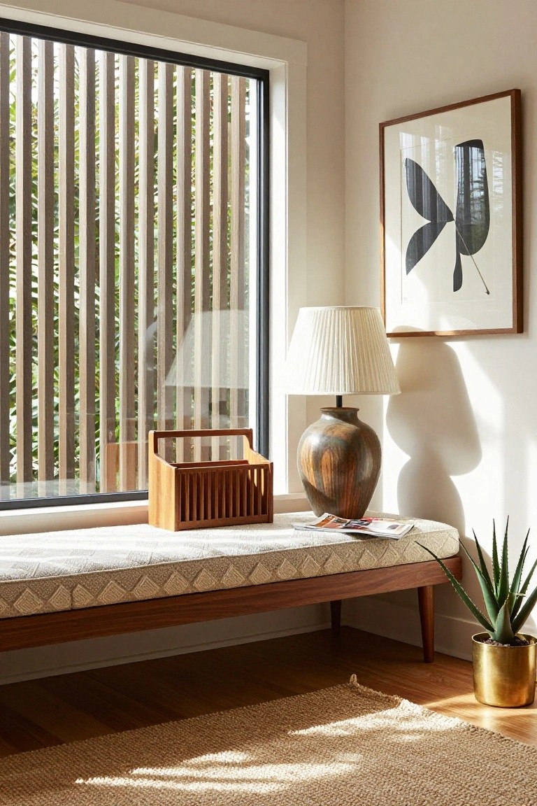 Corner of a light-filled room with a cushioned wooden bench under a floor-to-ceiling window featuring vertical wooden slats, a wooden magazine basket and lamp on the bench, a ceramic vase, aloe plant in gold pot, and abstract artwork on the wall.