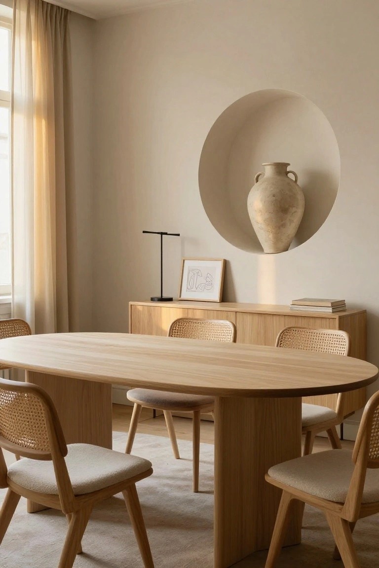 Minimalist interior dining room featuring an oval oak table with rattan chairs, a wooden sideboard with lamp and art, and a circular wall niche displaying a large terracotta vase next to a window with sheer curtains.