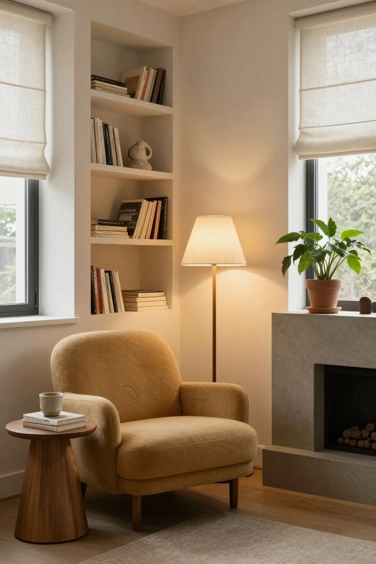Cozy living room corner with mustard yellow plush armchair, wooden side table holding books and mug, built-in bookshelves filled with books and vase, tall floor lamp, potted plant by window, and concrete fireplace hearth.