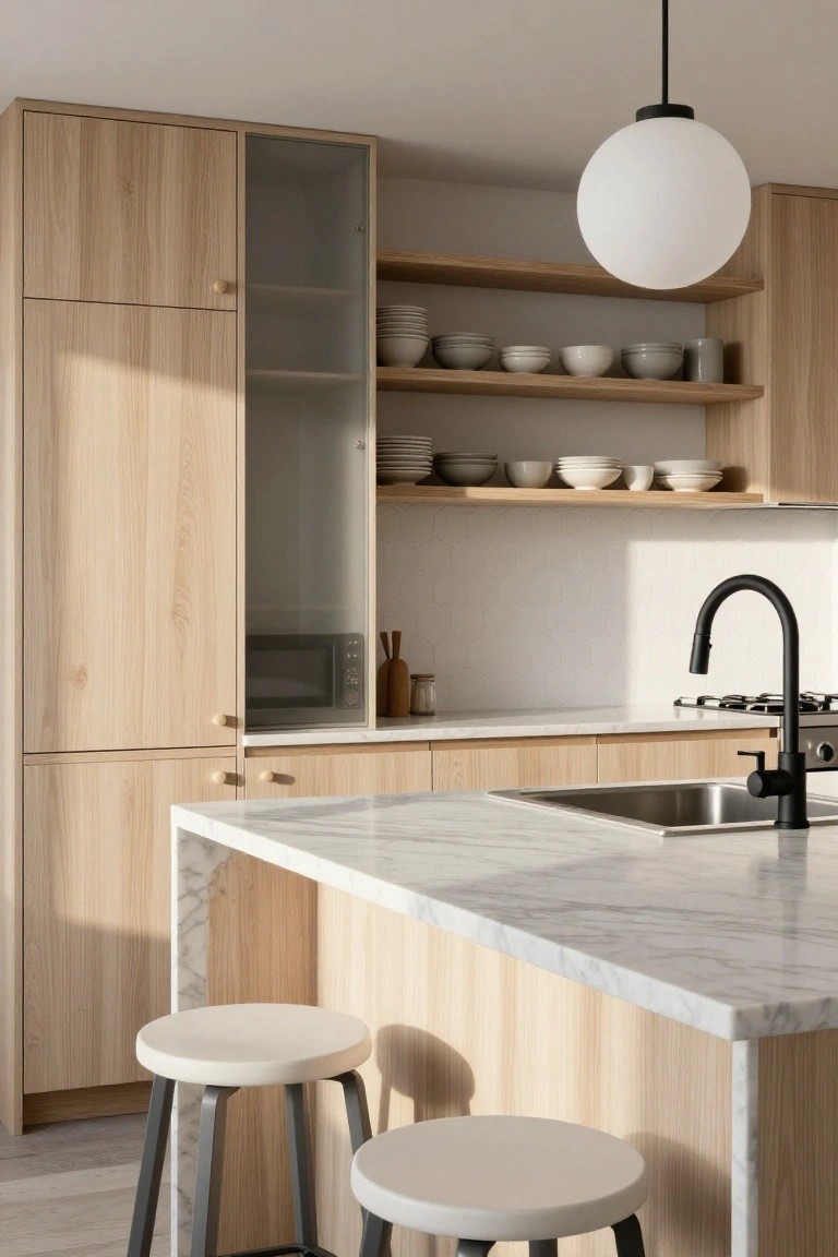 Modern kitchen with light oak cabinets, some with glass doors and open shelving displaying white bowls and plates, a white marble island with sink and black faucet, and two white stools with black legs.