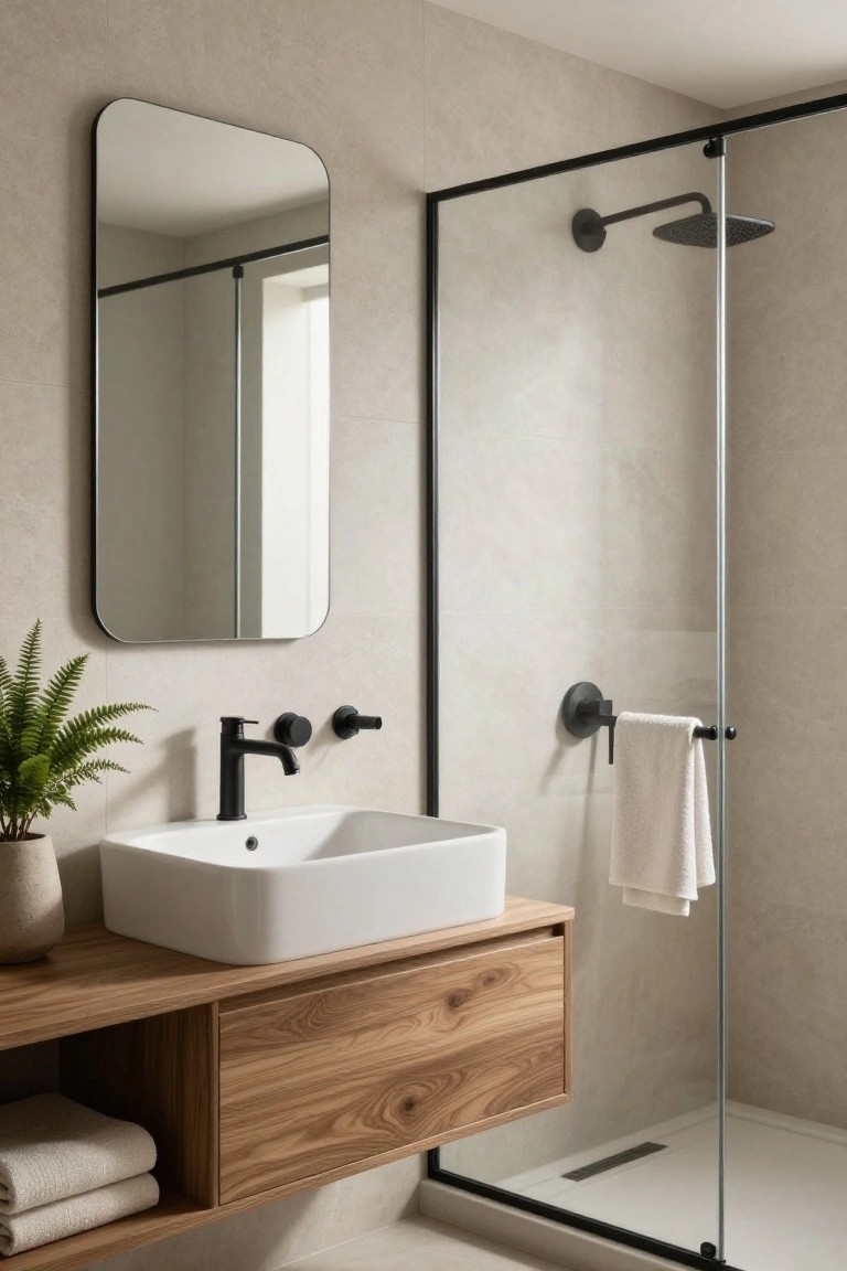 Minimalist bathroom with floating wooden vanity under white rectangular sink, black matte faucet and fixtures, potted fern plant, round black-framed mirror, and black-framed glass shower enclosure on beige tiled walls.