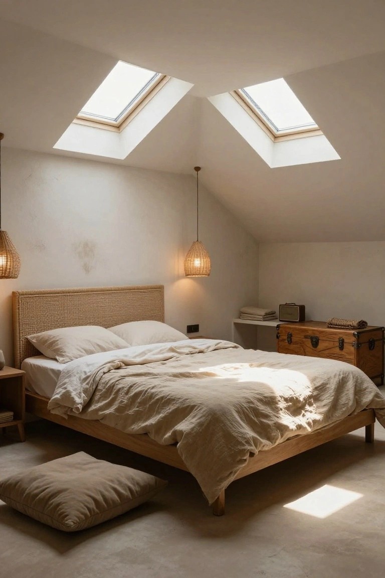 Attic bedroom featuring a wooden bed frame with rattan headboard, white linens, dual skylights in the sloped white ceiling, rattan pendant lights, wooden trunk, and beige floor pillows.