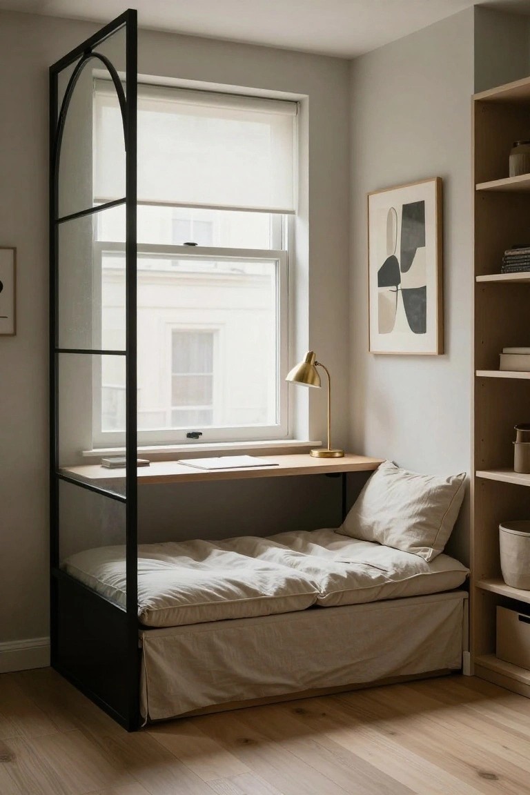 Tall arched black metal frame enclosing a low bed with beige linens and wooden desk next to a window with roller blind, in a light gray room with oak floors and wooden shelves.