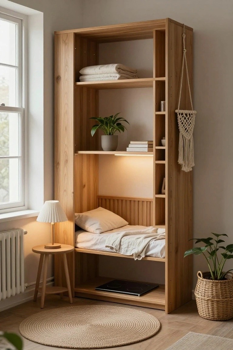 Tall wooden shelving unit in a room corner with recessed bed area at the bottom holding pillows and blanket, shelves above displaying towels books and plants, small lamp on side table, near window and radiator.