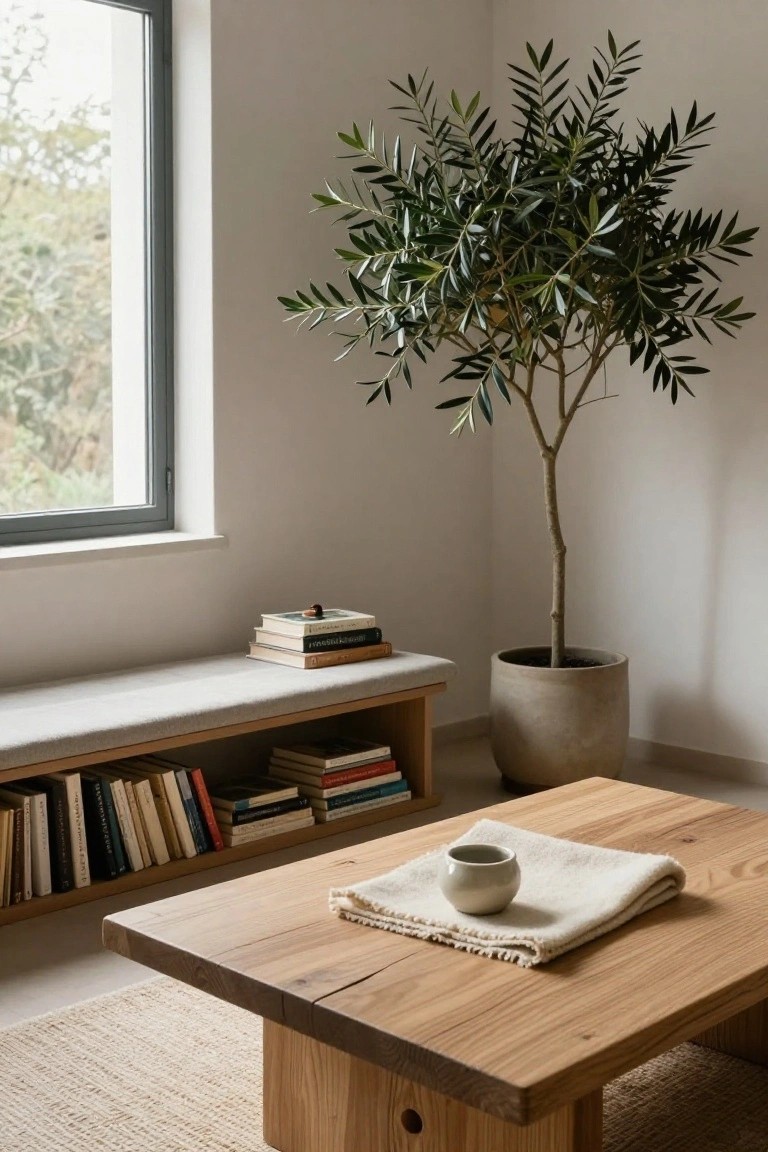 Minimalist indoor corner with cushioned bench on wooden frame with open bookshelves below, tall potted olive tree beside it, low wooden table holding ceramic cup and linen cloth, large window with greenery view, beige rug on floor.