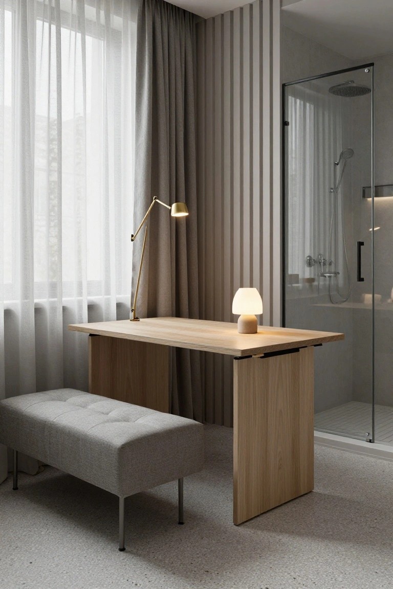 Light wooden desk with adjustable brass lamp and white mushroom-shaped lamp on top, gray upholstered bench nearby, vertical slat wall, sheer curtains on window, and glass shower enclosure in contemporary room.