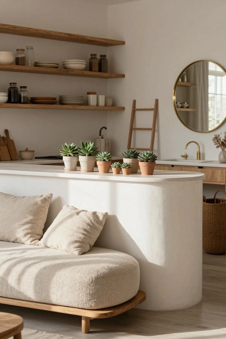 A minimalist indoor kitchen-living area with wooden open shelves holding pottery, jars, and dishes, a curved white countertop displaying several potted succulents, a wooden ladder, gold faucet and mirror, and a beige bouclé sofa adjacent to the counter.