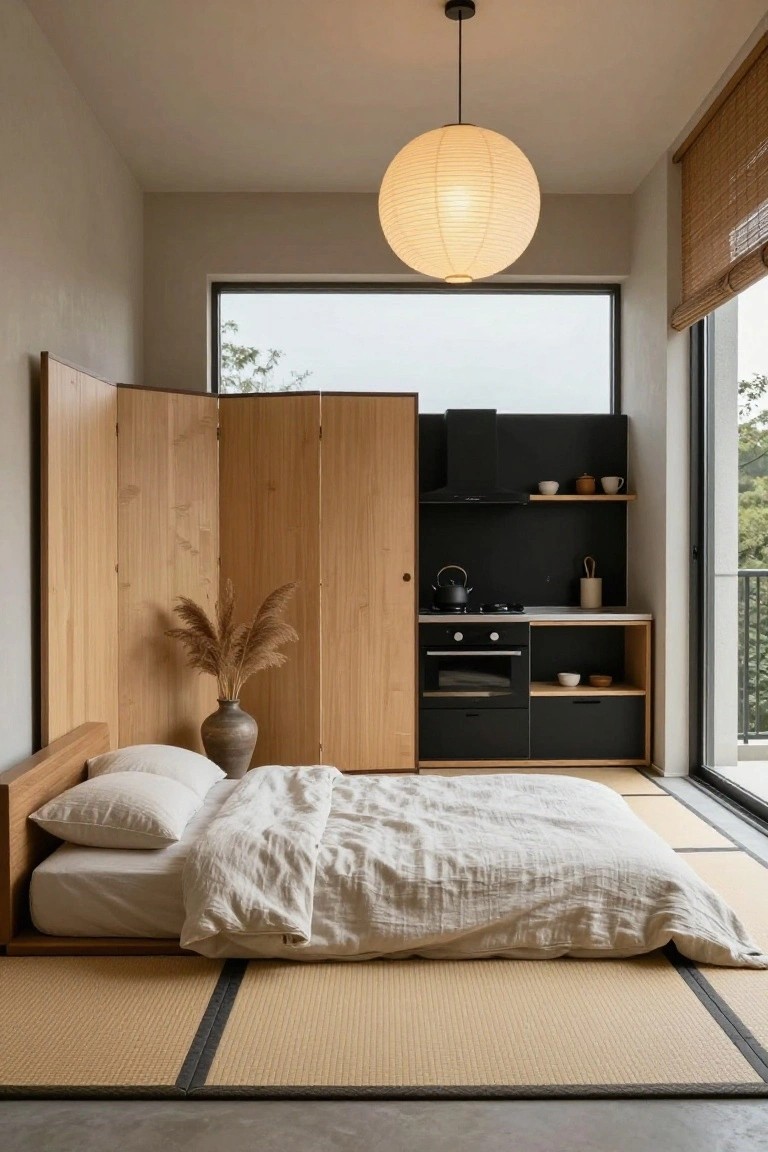 Minimalist studio apartment interior with a low wooden platform bed on tatami mats, white linens, folding wooden screens, compact black kitchenette, potted plants, and large window with bamboo blinds showing trees outside.