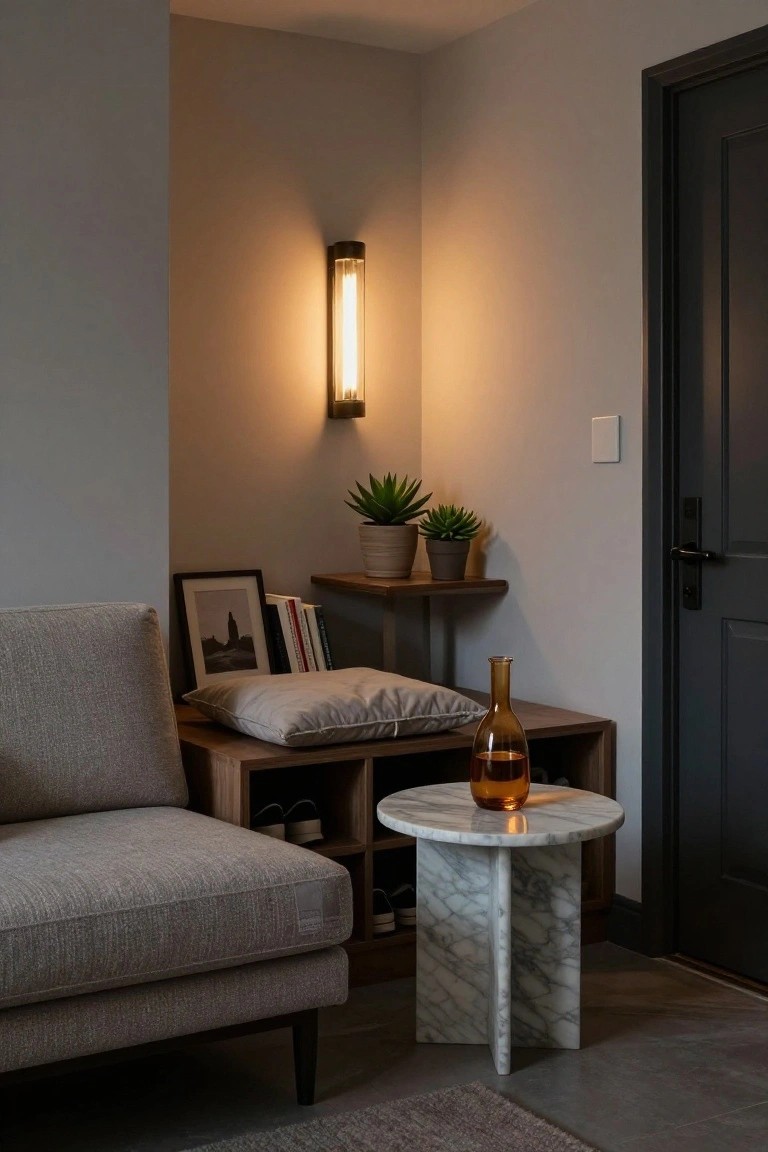 Gray upholstered loveseat on a wooden bench base with open shelving below holding shoes, beside a white marble pedestal table with amber glass bottle, plants and books on wall shelf above, wall light, and dark door in a minimalist interior corner.