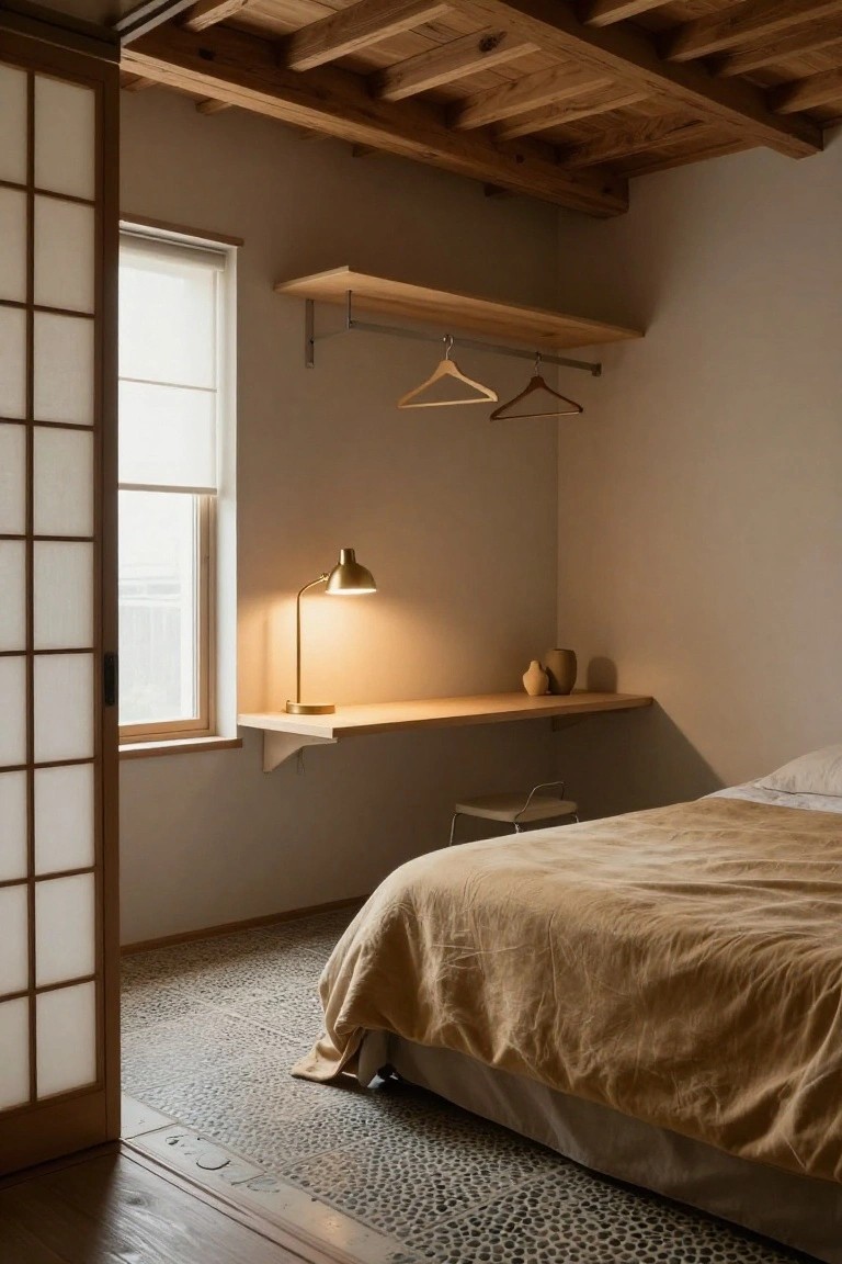 Minimalist studio apartment bedroom with exposed dark wooden ceiling beams, open shoji screen door, floating wooden shelf desk with gold lamp and ceramics, beige bed with linens, and pebble tile floor.
