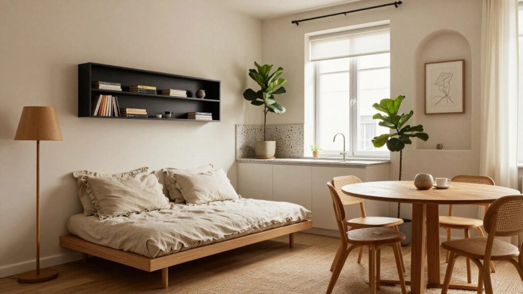 22 Minimalist Cozy Studio Apartment Ideas for a Calm Feel Light-filled studio apartment interior with low wooden bed draped in beige linens, black metal shelf with books, arched wall niche, small white kitchenette with terrazzo backsplash, round wooden dining table with rattan chairs, and tall fiddle leaf fig plant in woven pot.