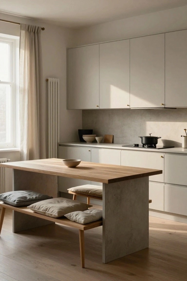 A minimalist white kitchen with flat-panel cabinets, induction cooktop, concrete backsplash, and a central wooden-topped island on concrete pedestal with cushioned benches on wooden frames, beside a window with sheer curtains and a radiator.