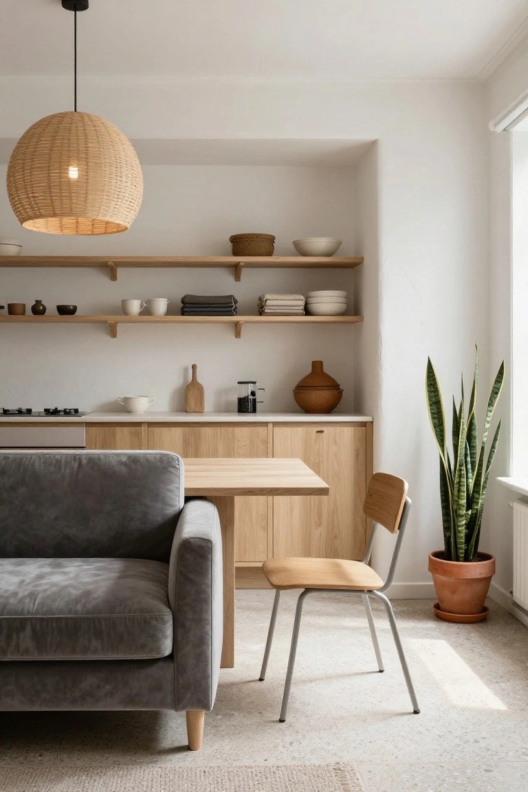 Minimalist indoor kitchen area with light wood cabinets and open shelves displaying ceramics, woven pendant light overhead, wooden dining table with chairs, gray velvet sofa adjacent, and tall snake plant in terracotta pot by window.