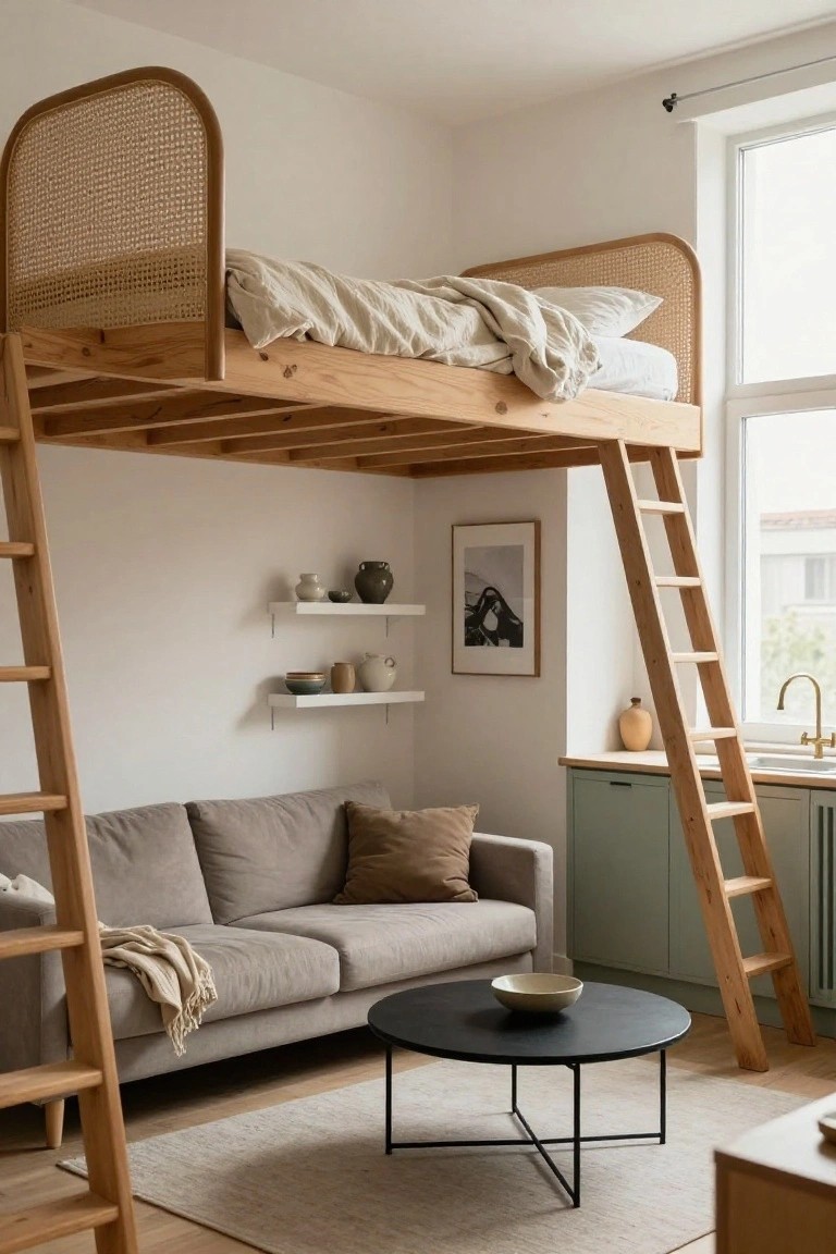 Minimalist studio apartment corner with elevated wooden loft bed featuring rattan headboard, double wooden ladders, gray sofa, black round coffee table, shelves with ceramics, and green kitchen cabinets.