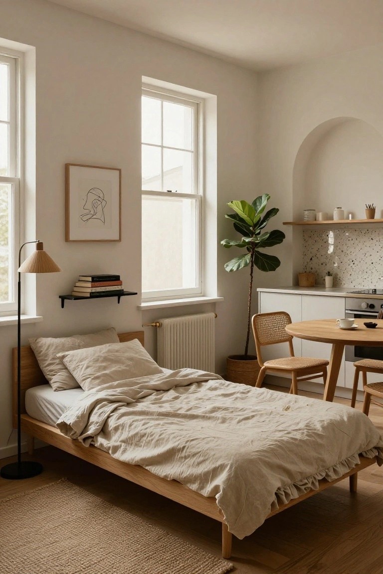 Light-filled studio apartment interior with low wooden bed draped in beige linens, black metal shelf with books, arched wall niche, small white kitchenette with terrazzo backsplash, round wooden dining table with rattan chairs, and tall fiddle leaf fig plant in woven pot.