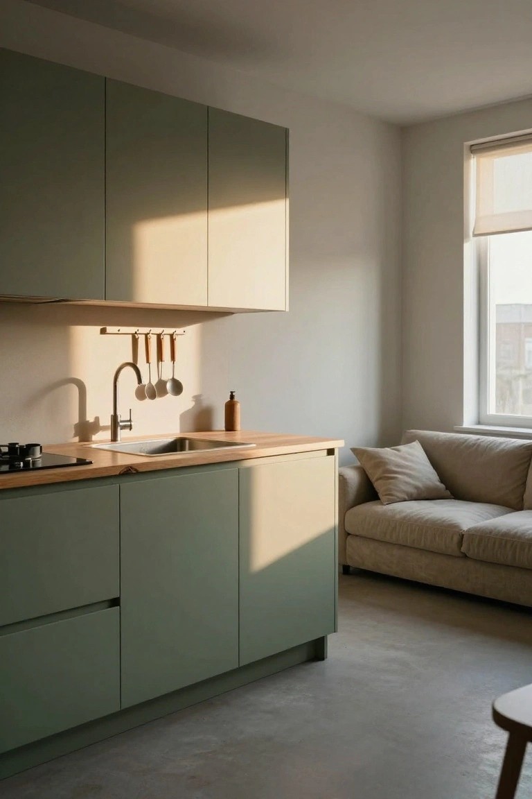 A minimalist studio apartment kitchen featuring sage green lower cabinets, cream upper cabinets, light wood countertop with integrated sink and induction cooktop, hanging wooden utensils, and an adjacent beige sofa against a white wall with window light.