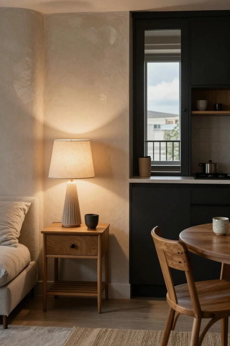 Corner view of a minimalist studio apartment interior with a low bed next to an oak bedside table holding a white fluted lamp and black mug, adjacent to black kitchen cabinets, a round wood dining table with chair, and a window overlooking buildings.