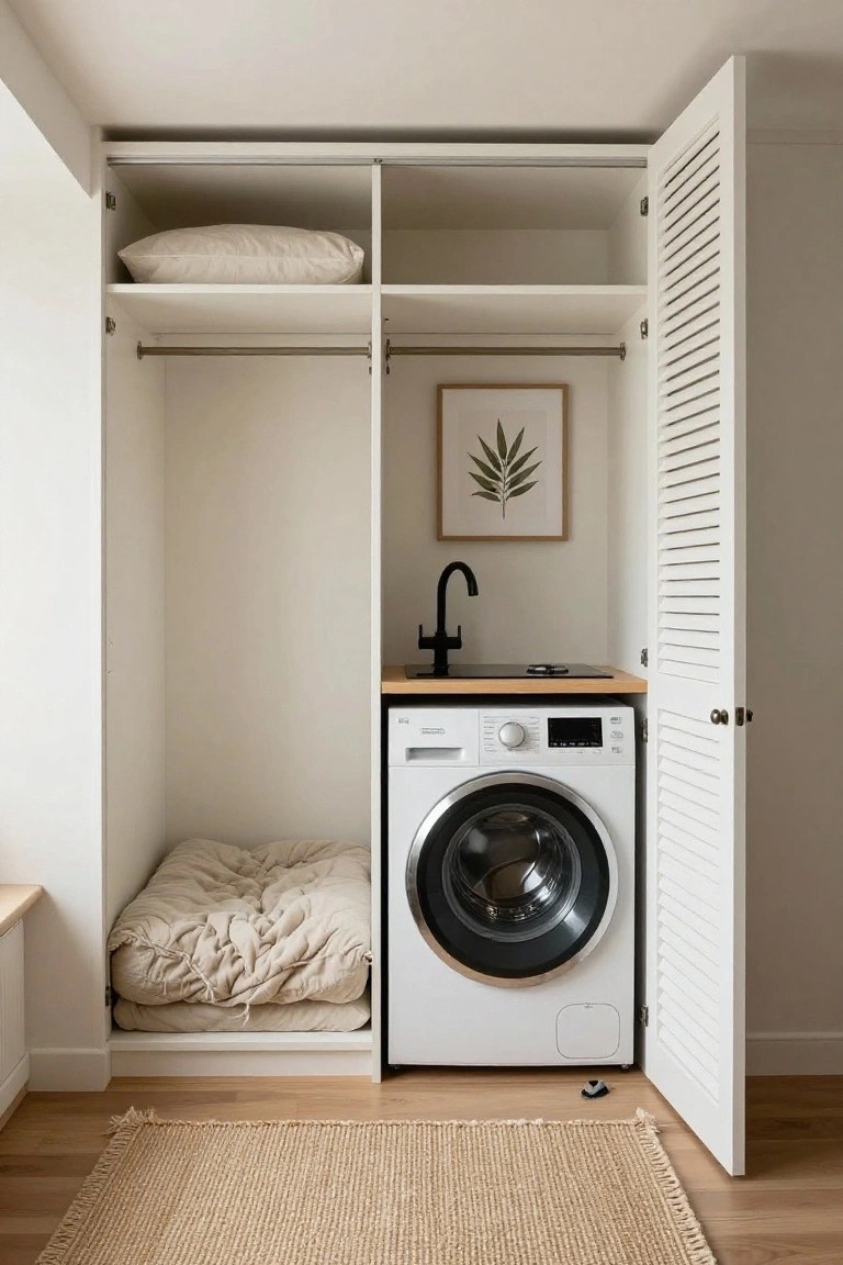 Open white closet with built-in shelves holding pillows, hanging rods, a framed leaf print, black faucet sink on wood counter above a front-loading white washer, folded beige bedding on low bench below, and seagrass rug on wood floor.