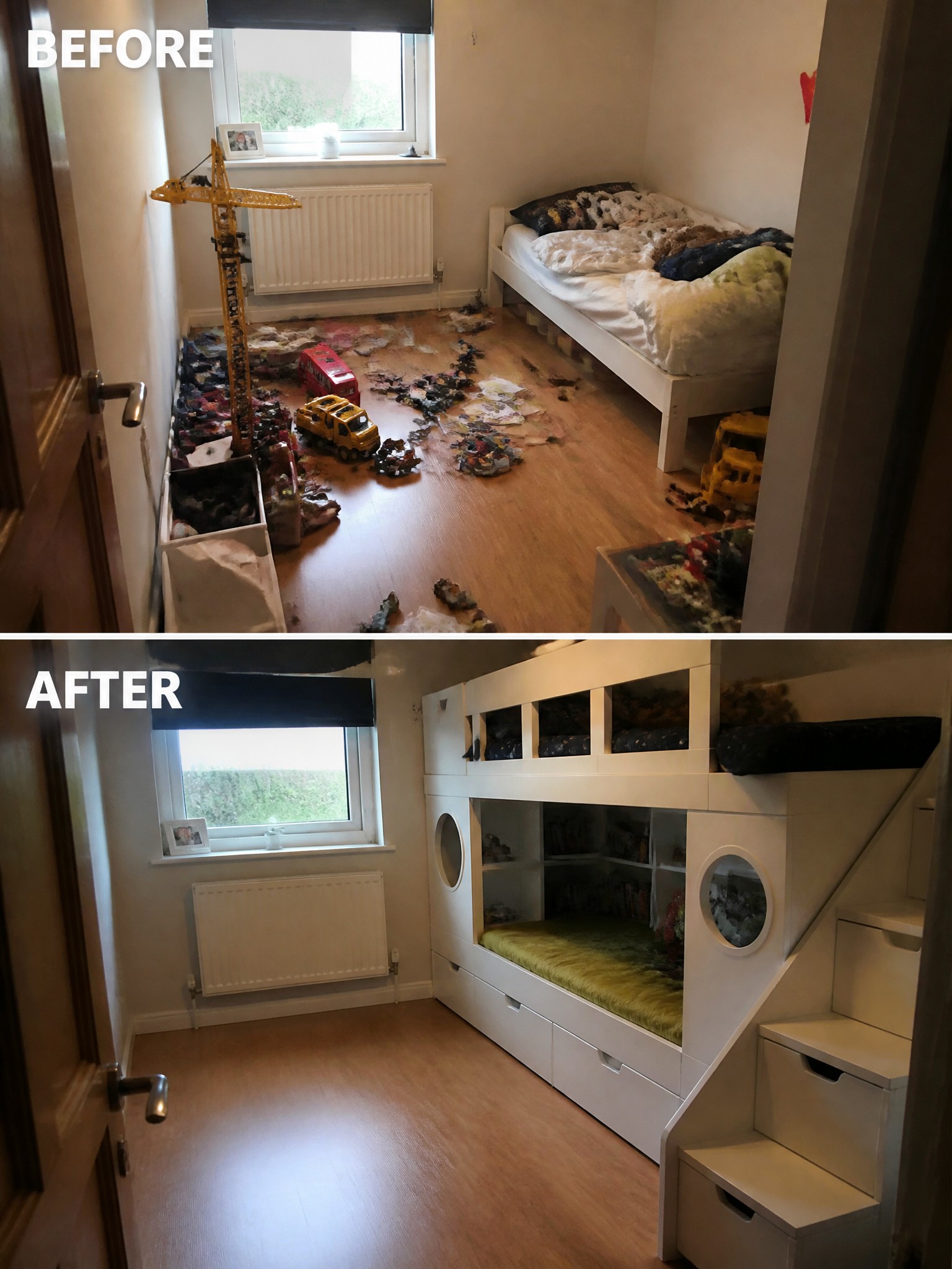 Before-and-after image of a cluttered children's bedroom transformed into an organized space with a white bunk bed that includes storage drawers, shelves, and stairs.
