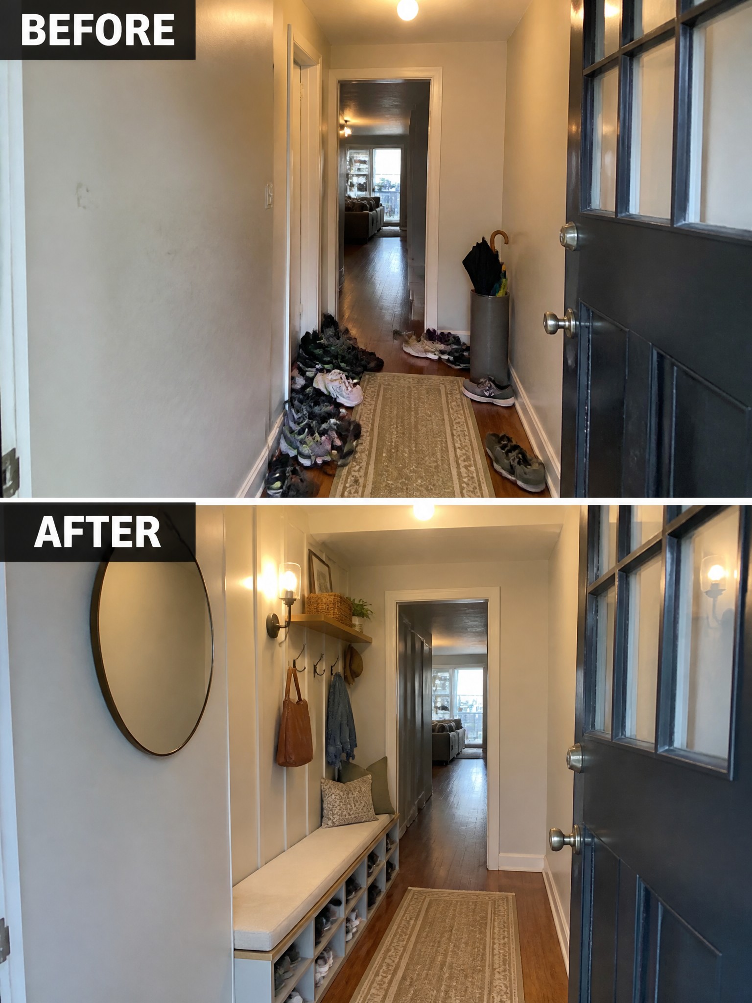 Before-and-after image of a cluttered hallway turned into an organized entry with a built-in storage bench, mirror, and hooks.