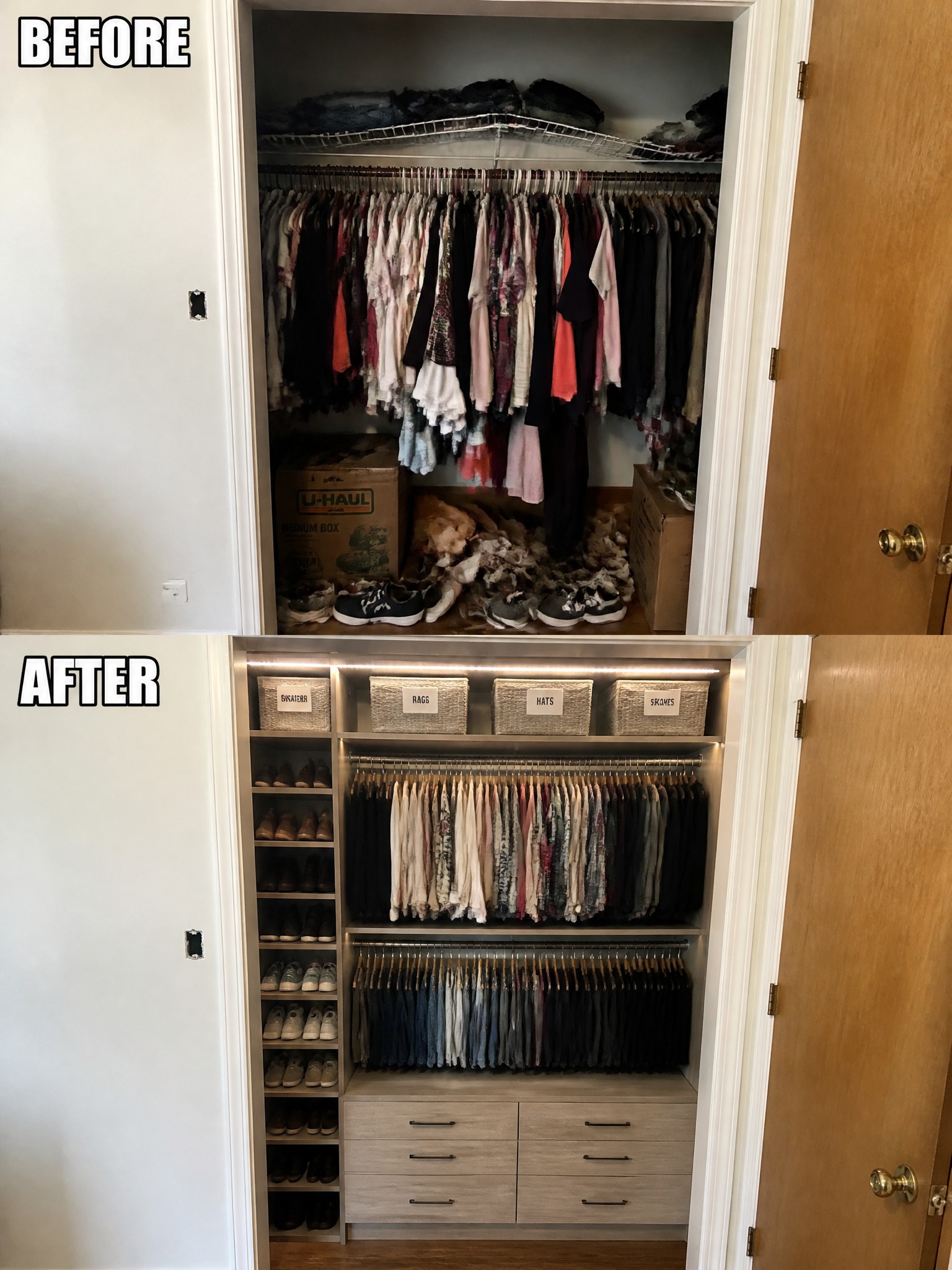 Before and after shots of a neatly organized closet with clothes, shoes, and storage containers.