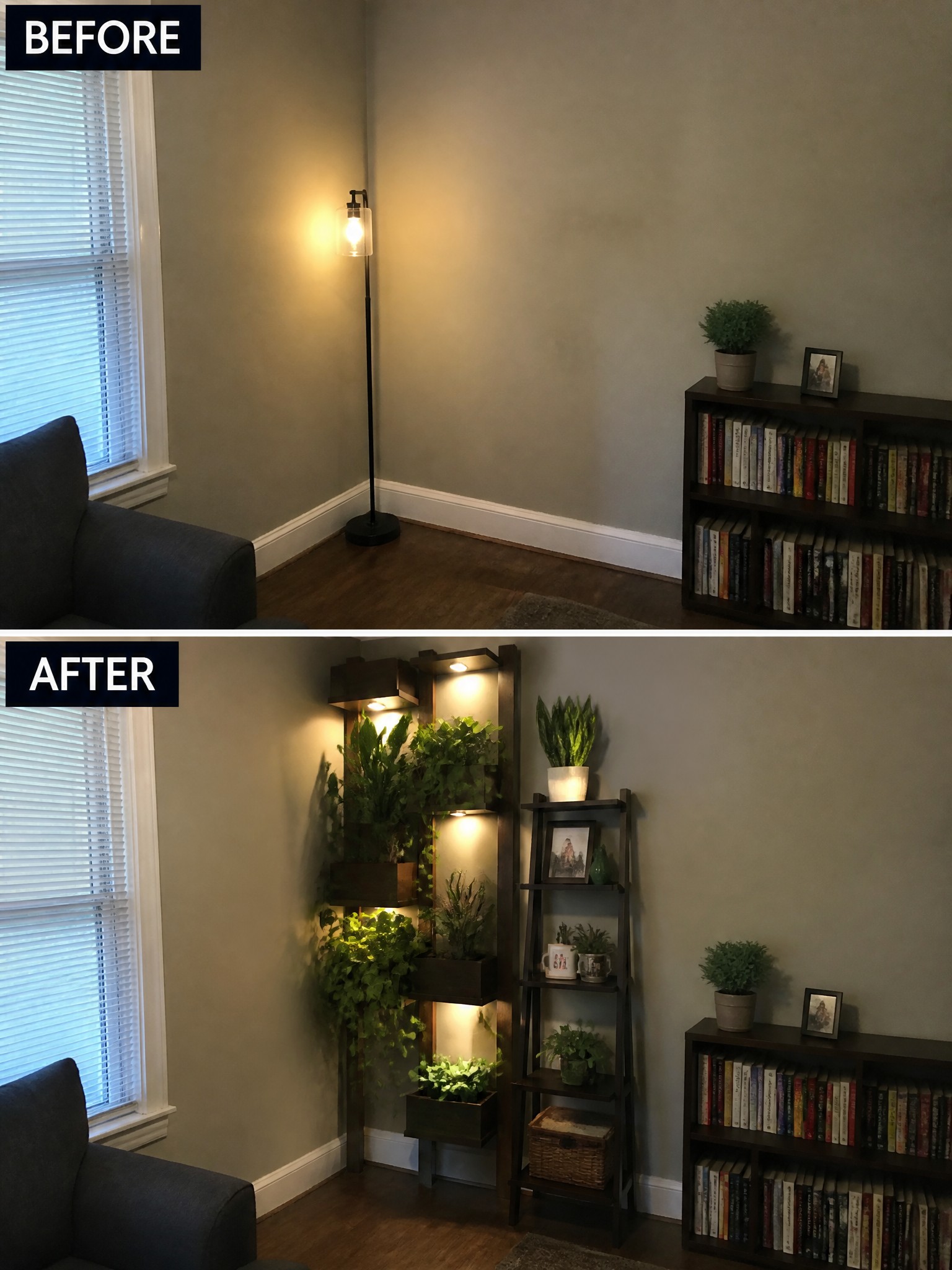 Before-and-after image of a plain room corner transformed by adding a vertical plant wall with integrated lighting and shelving.