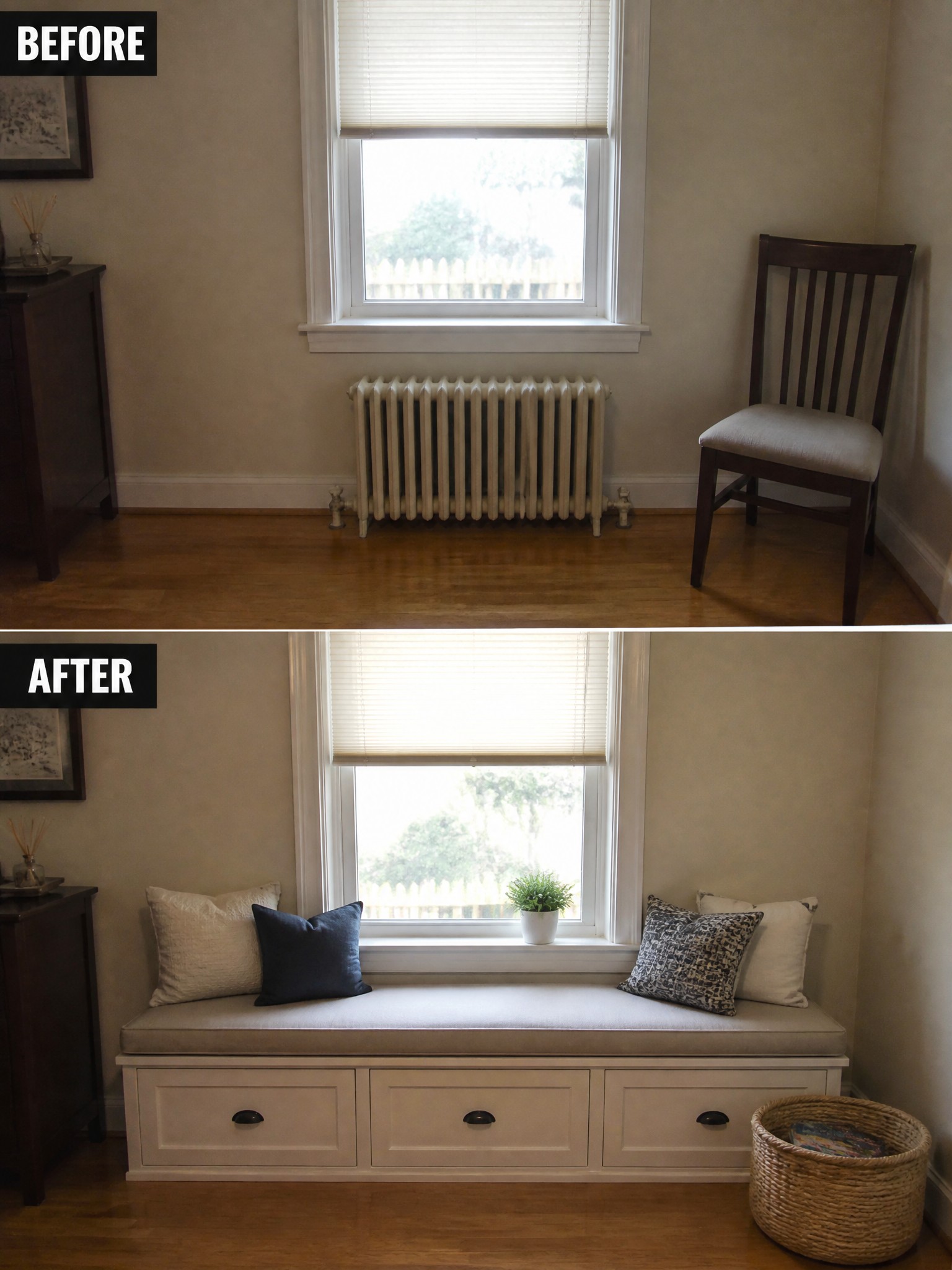 Before and after transformation of a window nook with a chair and storage bench.
