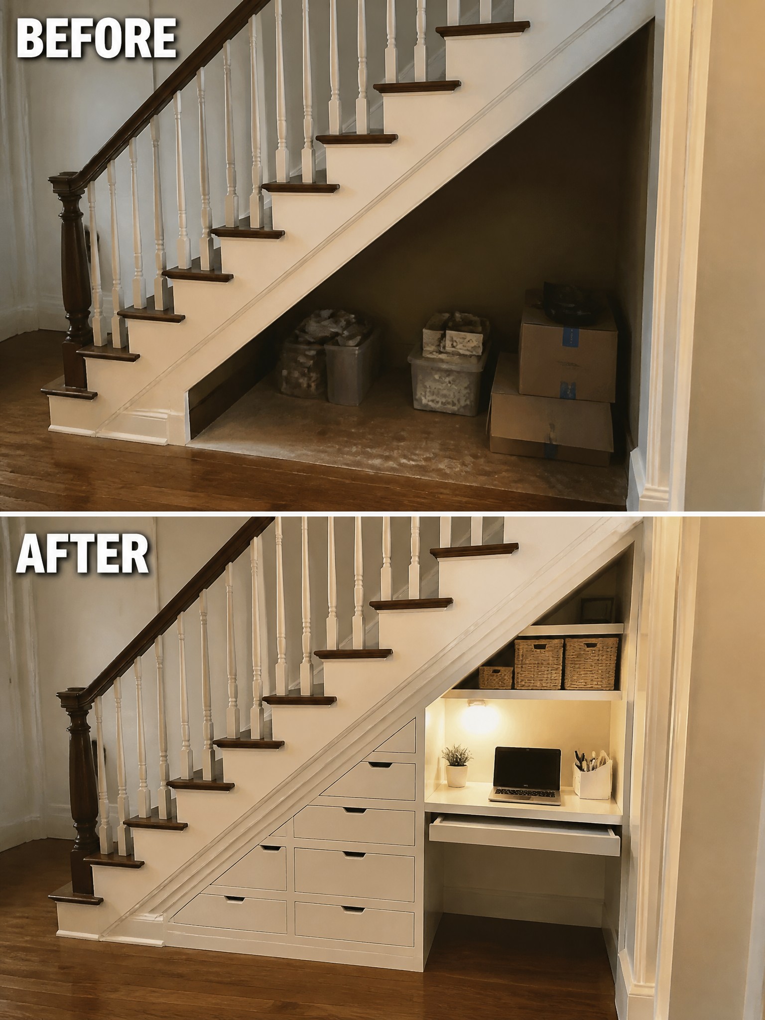 Before-and-after image of cluttered space under stairs changed into a built-in desk area with drawers, shelves, and lighting.