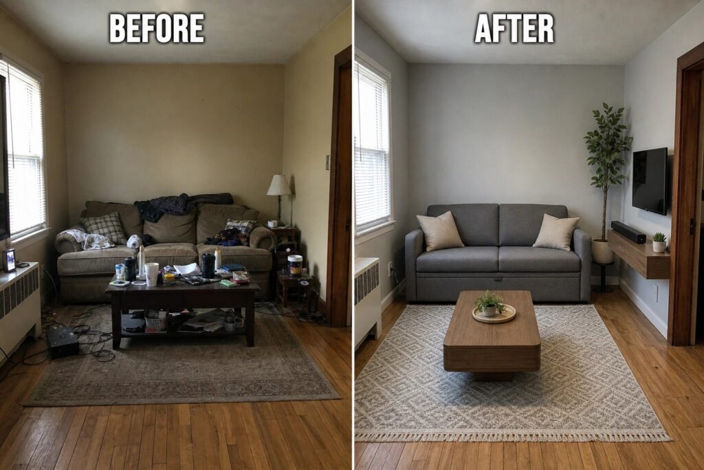 22 Practical Home Before and After Ideas for Small Houses With Limited Space Living room transformation: cluttered brown couch replaced with sleek gray sofa and modern decor.