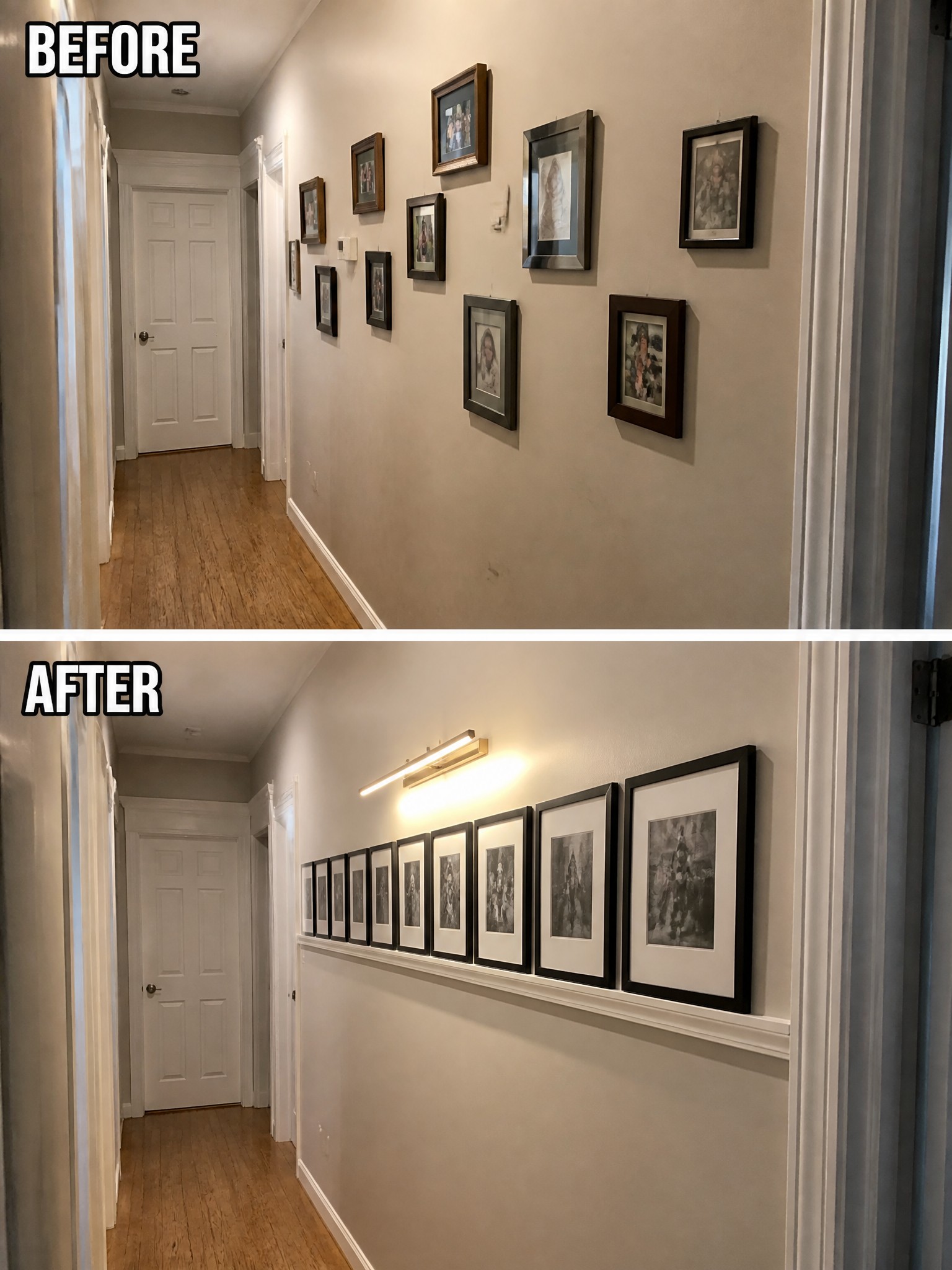 Hallway makeover showing a transition from a cluttered photo wall to a sleek, framed display.