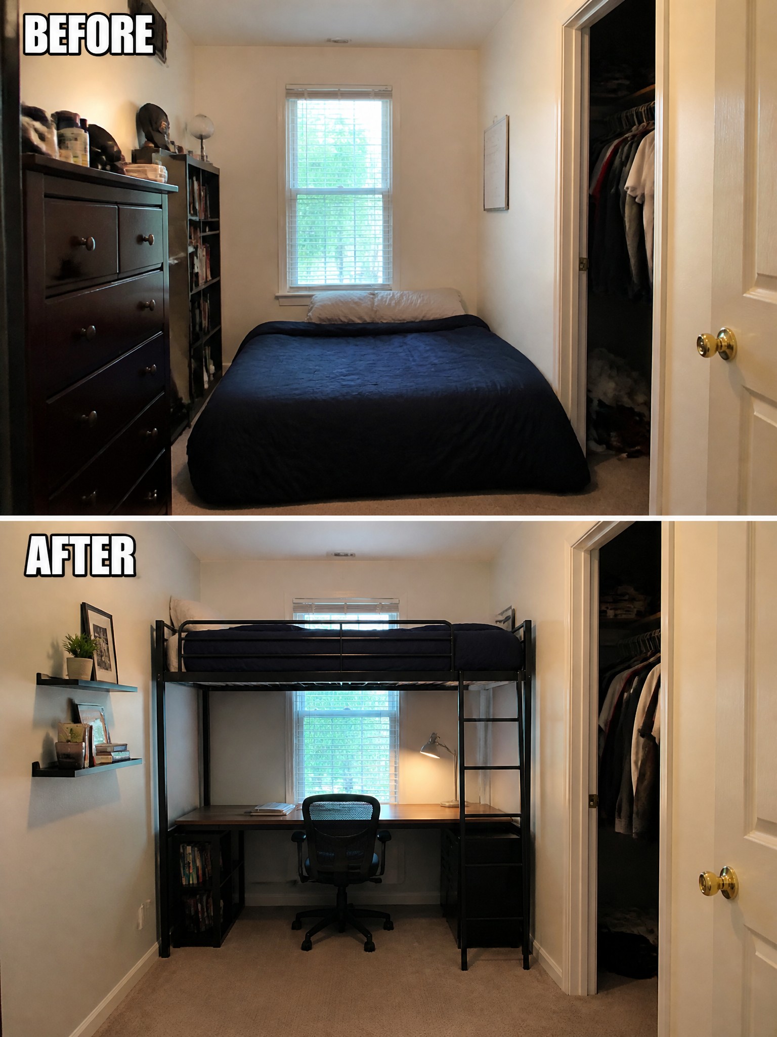 Before: simple bedroom with a bed, dresser, and bookshelf. After: lofted bed, desk, and shelves.