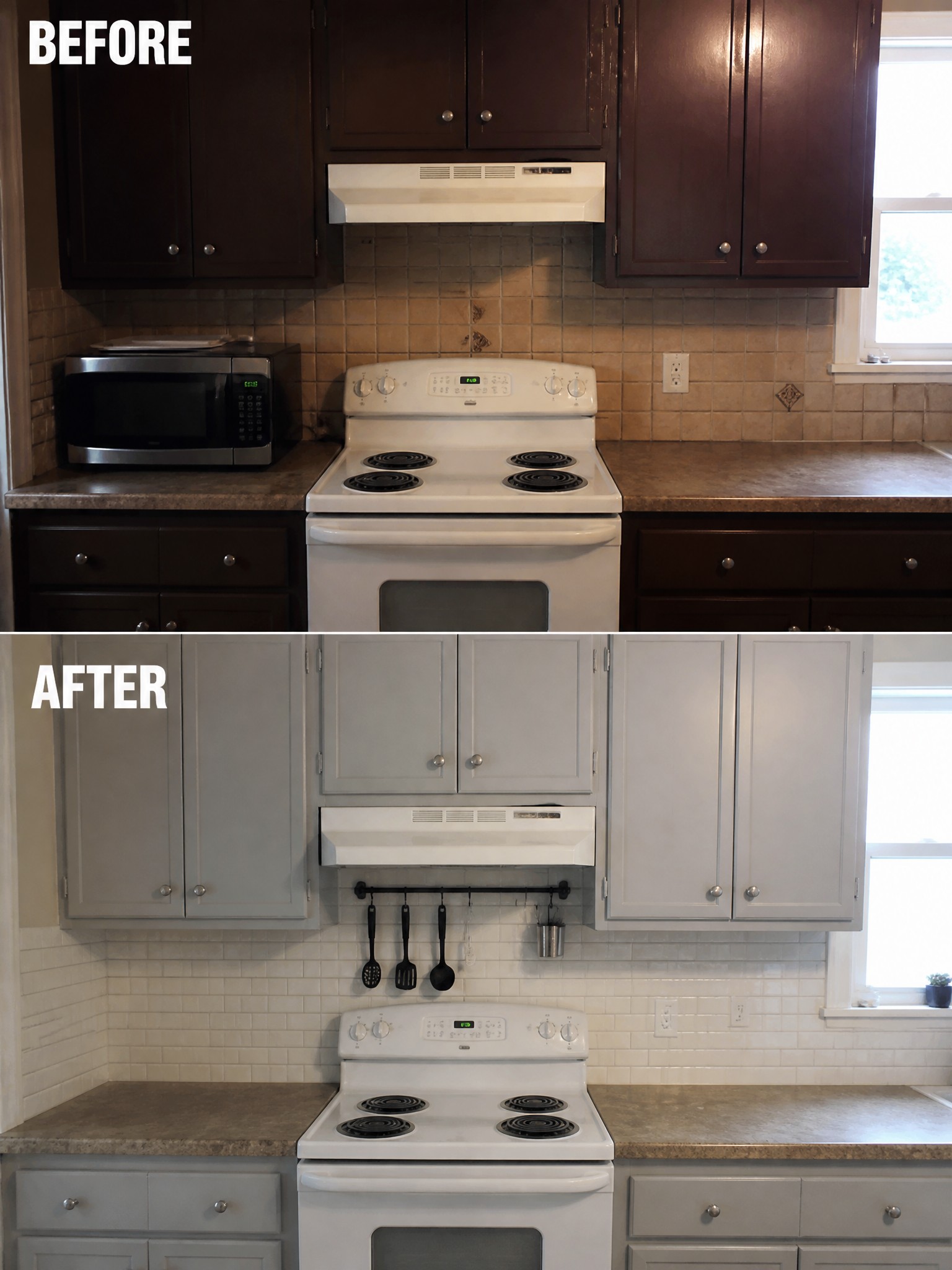 Kitchen remodel comparison showcasing dark cabinets before and light gray cabinets after.