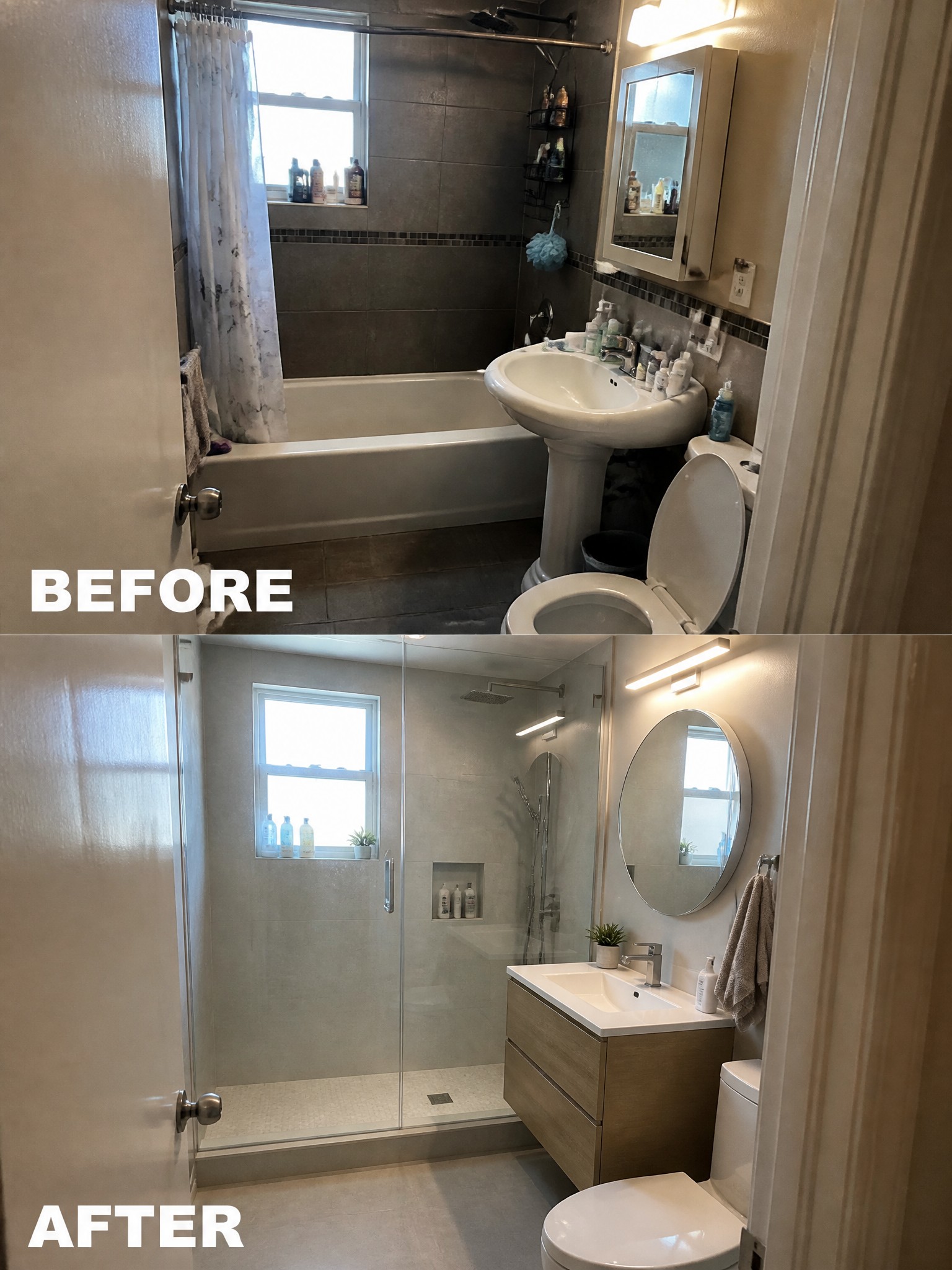 Before-and-after image of a bathroom showing a tub and pedestal sink replaced by a glass walk-in shower and a floating wood vanity.