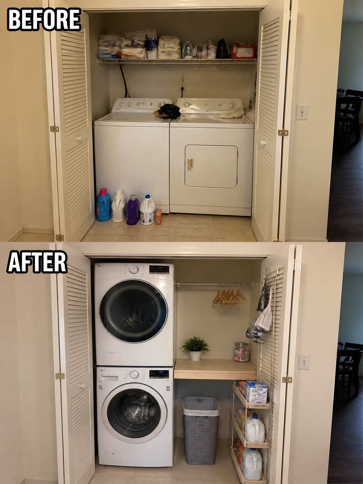 Before-and-after laundry area transformation, featuring appliances, organized shelves, and decorative elements.