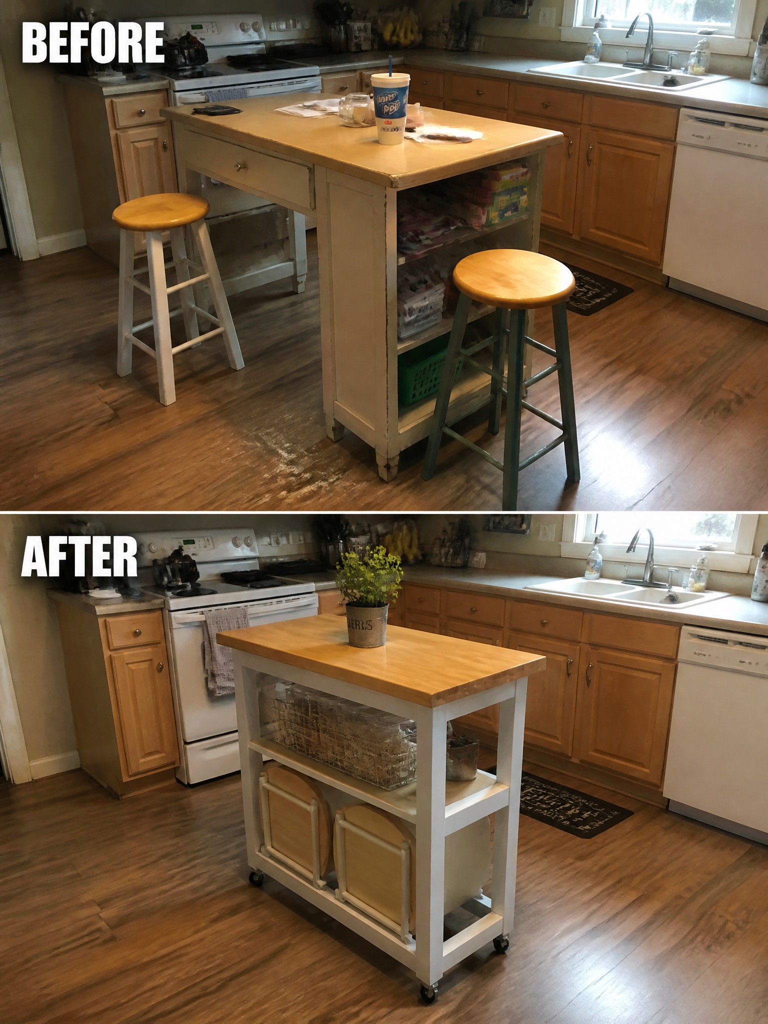 A renovated kitchen island with wood top and storage, before and after transformation.