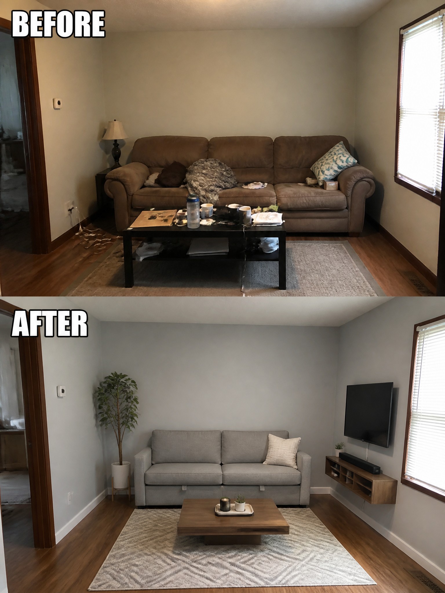 Living room transformation: cluttered brown couch replaced with sleek gray sofa and modern decor.