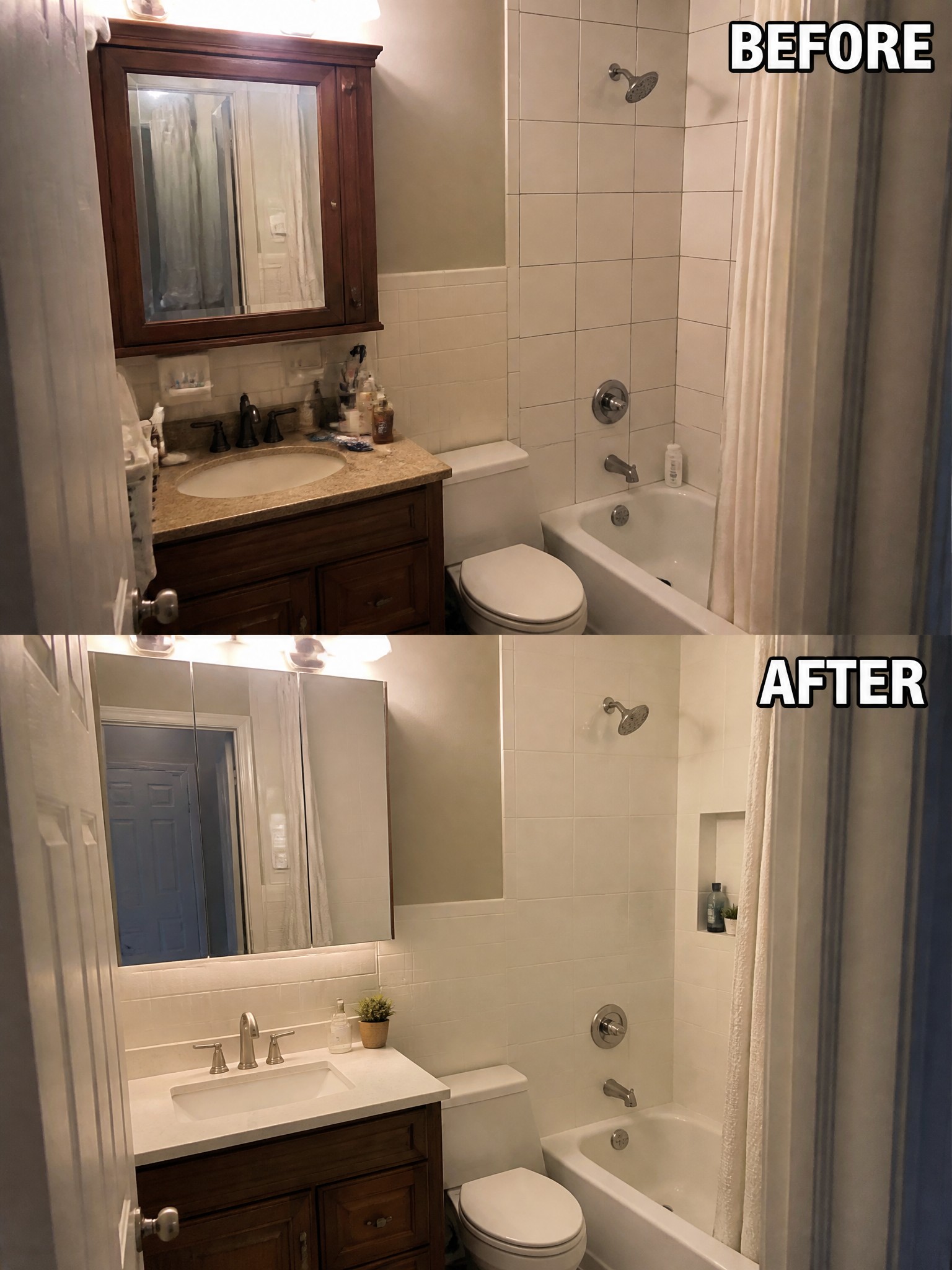 Before-and-after image of a small bathroom with a dark wood vanity and medicine cabinet updated to a lighter vanity, white countertop, and modern mirror with improved lighting.
