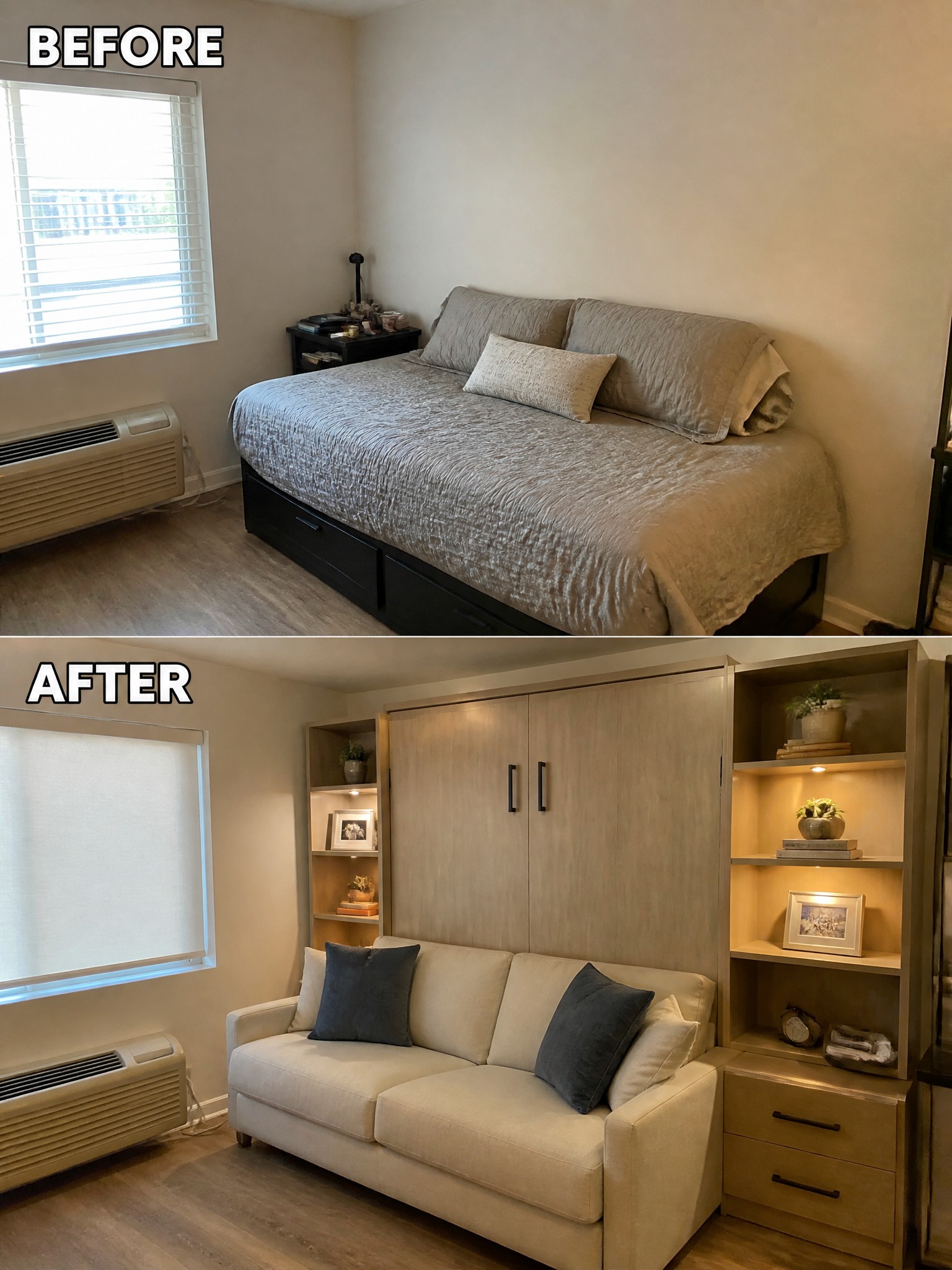 Before-and-after image of a bedroom with a daybed changed into a living space with a sofa and built-in cabinet system that conceals a bed.