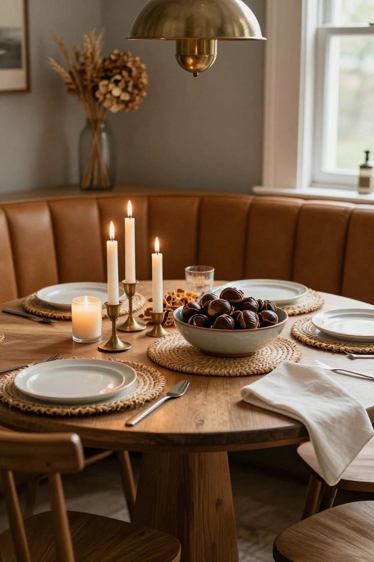 Corner tan leather tufted booth seating around a round wooden dining table set with white plates, woven placemats, brass candlesticks with white candles, a glass of water, and a white bowl of chestnuts in a room with gray walls, brass pendant light, and window.