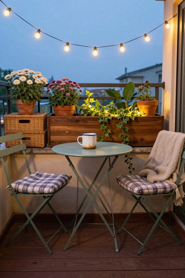 Small green folding bistro table and two chairs on a wooden balcony deck at dusk, with potted flowers, ivy in wooden boxes, string lights overhead, woven baskets, and a white mug on the table.