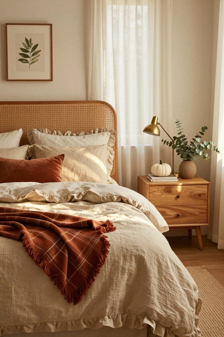 Bedroom corner with rattan headboard bed draped in beige linen sheets and pillows, rust plaid throw, wooden nightstand holding gold lamp, eucalyptus vase, white pumpkin, and books, sheer curtains on window, hardwood floor with rug.