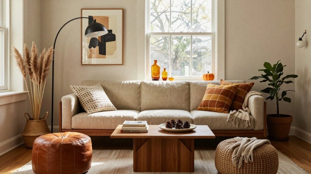 Beige linen sofa draped with a knitted throw and topped with rust, yellow, and plaid pillows in a light room with a side table, wicker basket, window sill pumpkins, glass bottles, and pampas grass.