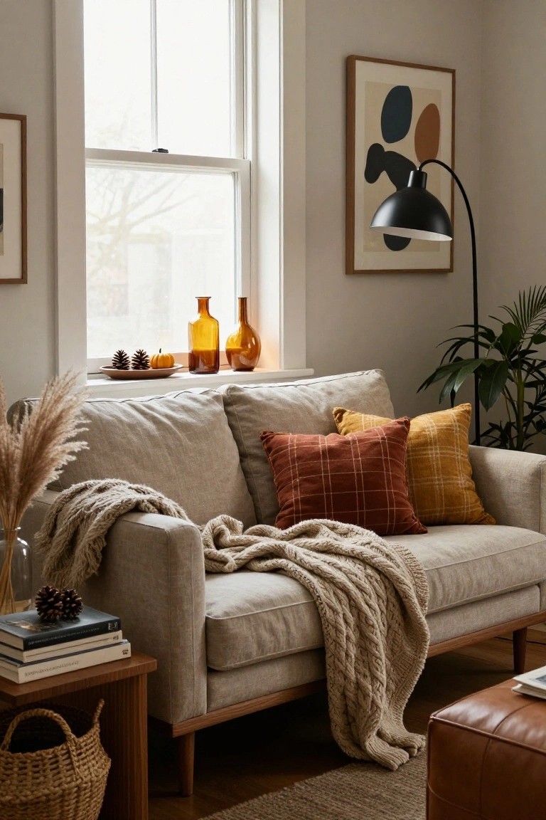 Beige linen sofa draped with a knitted throw and topped with rust, yellow, and plaid pillows in a light room with a side table, wicker basket, window sill pumpkins, glass bottles, and pampas grass.