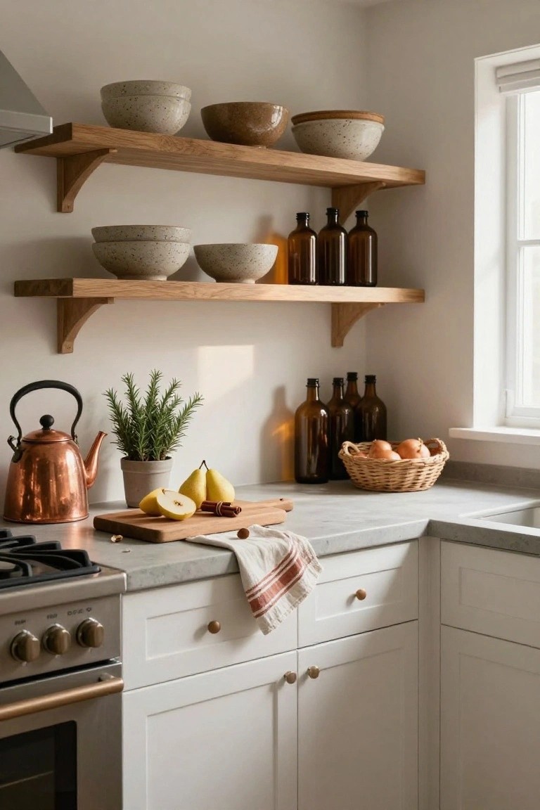 Corner of a white kitchen with oak open shelves holding speckled ceramic bowls and amber glass bottles, gray quartz countertop with copper kettle, wooden cutting board with sliced pears and cinnamon sticks, rosemary plant, and woven basket of onions.
