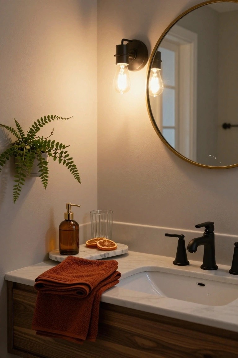 Bathroom vanity with white marble countertop and sink, black faucet, gold soap dispenser, clear glass tumbler, tray of orange slices, folded rust-colored towels draped over the edge, wood cabinet below, round gold mirror above, wall-mounted black sconces with lit bulbs, hanging fern plant, and beige walls.